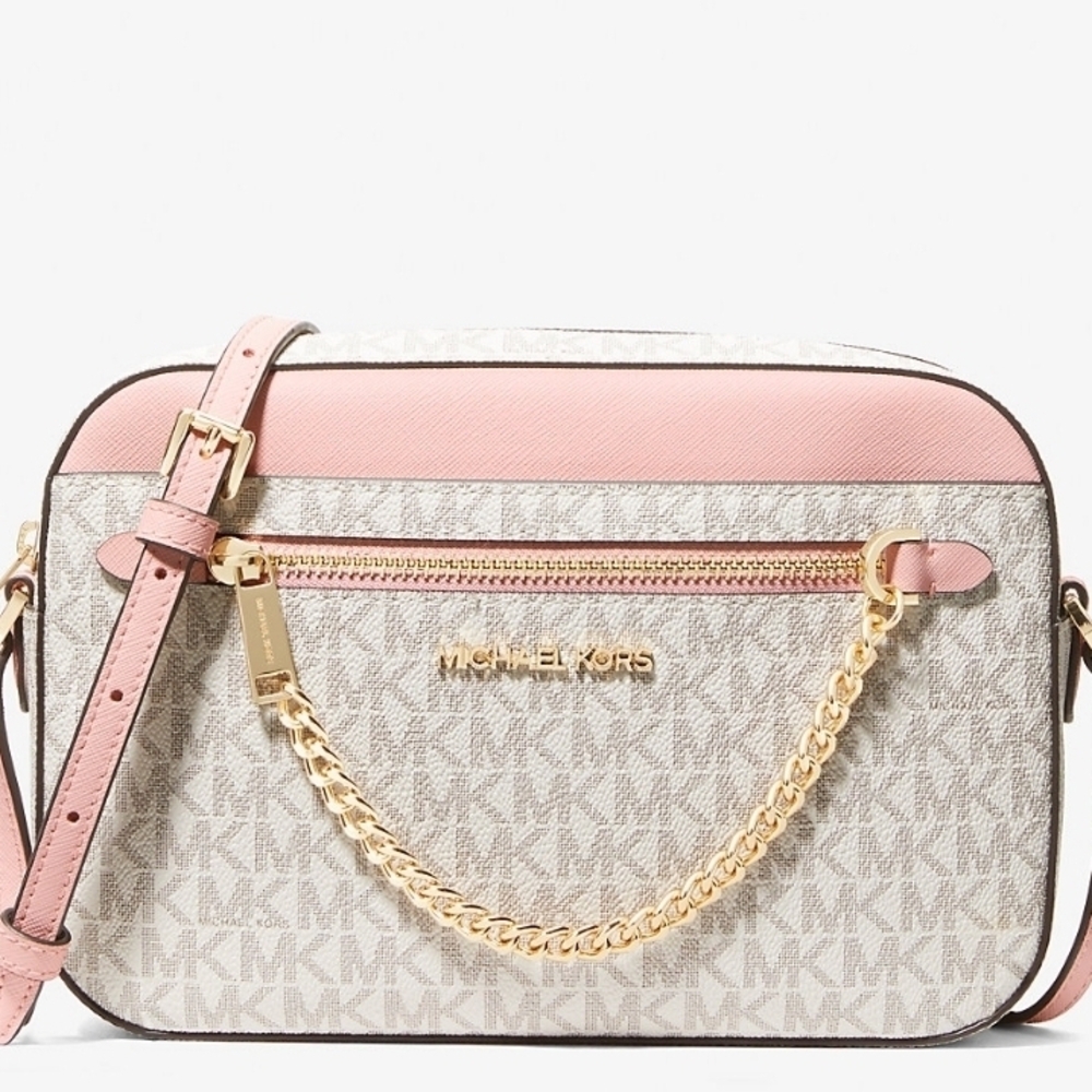 Michael Kors Pink and Cream Logo Crossbody Bag With Matching Powder Blush Wallet